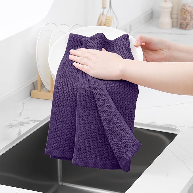 Homaxy 100% Cotton Waffle Weave Kitchen Dish Towels, Ultra Soft Absorbent Quick Drying Cleaning Towel, 13 x 28 Inches, 4-Pack, Eggplant