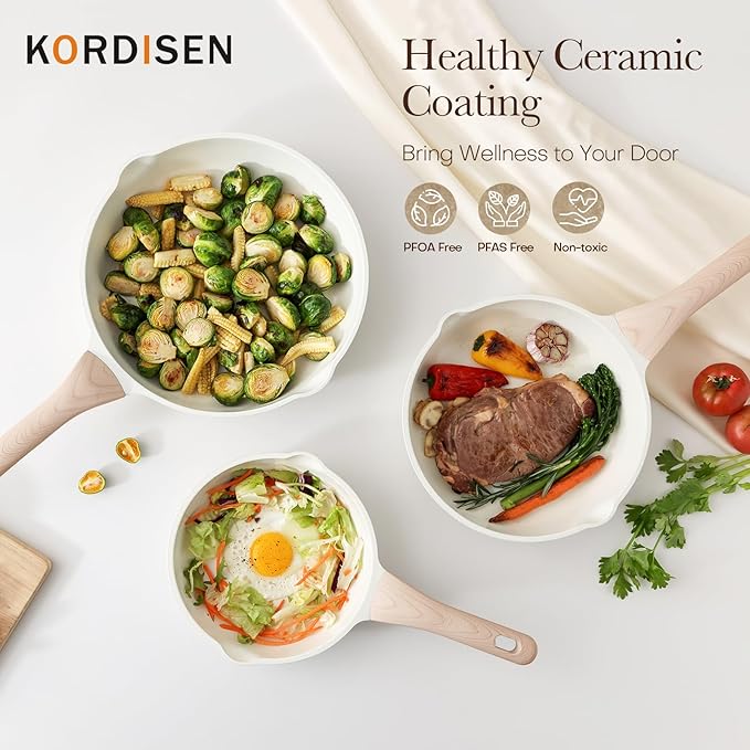 Kordisen Nonstick Ceramic Frying Pan Set, 3 Piece Ceramic Skillet Set, Healthy Non Toxic Cooking Pan, Stay-Cool Handle, Induction Compatible, PFOA & PFAS Free, White(9.5, 11, 12.5 Inch)