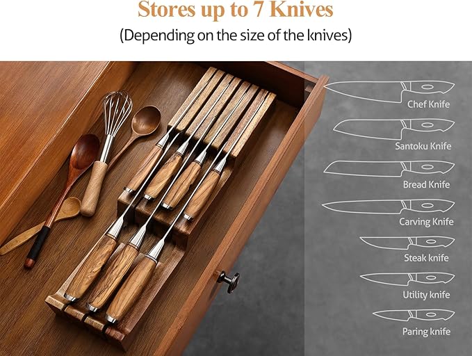 XINZUO In-drawer Knife Block, Natural Acacia Knife Drawer Oganizer, Insert-Kitchen Storage Holder, 7 Slots, Holds up to 7 Various Size Knives, Countertop Saving&Knife Protective