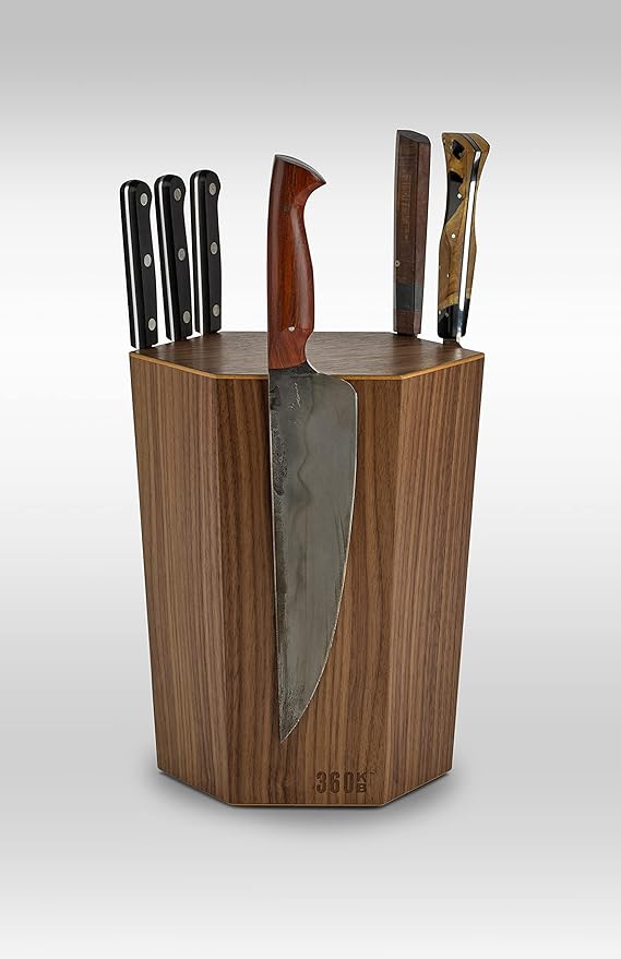 The 360KB ™ (Walnut) magnetic rotating knife block - handmade in Washington - shortest member of the 360 Knife Block ® family