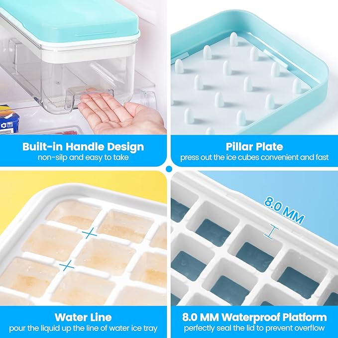 PHINOX Ice Cube Tray with Lid and Bin, 3 Pack Plastic Ice Cube Tray Molds, 96(4 * 8 * 3) pcs Ice Trays for freezer, Chilling Drinks, Whiskey & Cocktails, with Ice Container and Ice Scoop, BPA-Free
