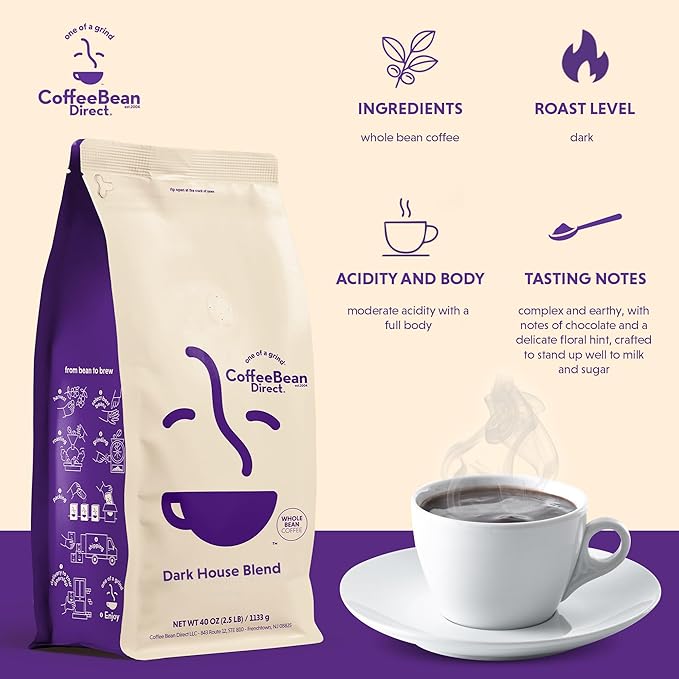 Coffee Bean Direct Dark House Blend, Whole Bean Coffee, Dark Roast, 2.5 Pound Bag (Pack of 1)
