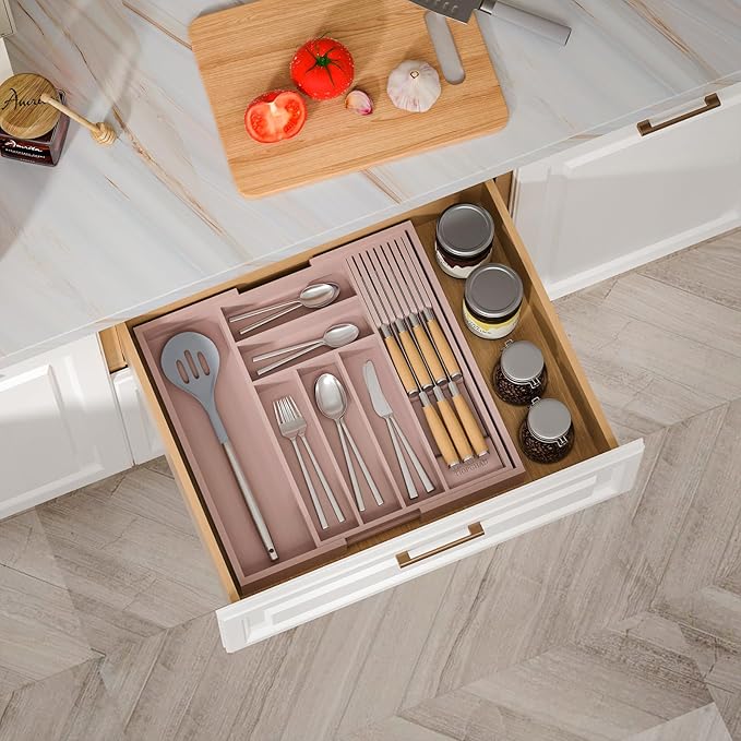 Bamboo-Silverware-Drawer-Organizer-Kitchen, Expandable Utensil Holder Cutlery Tray Flatware Organization Adjustable Wood Tableware Dividers Storage (with Removable Knife Block)(Grey Pink)