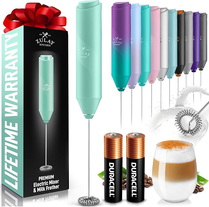 Zulay Kitchen Milk Frother Handheld with 2 Duracell AA Batteries – Electric Drink Mixer for Coffee, Lattes, Cappuccinos, Matcha & Hot Chocolate – Portable Foam Maker & Coffee Bar Accessory