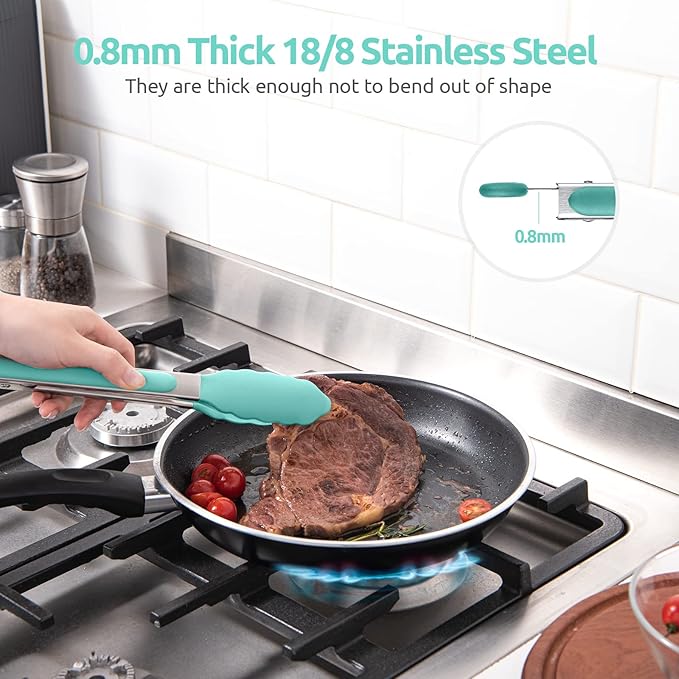 Heat Resistant Silicone Kitchen Tong: U-Taste 9 inch 480ºF Hot Proof Cooking Tong with Firm Sealed Non Stick Rubber Tips & Silicon Coated Steel Handle & Smooth Locking for Serving Grill Salad-Aqua Sky