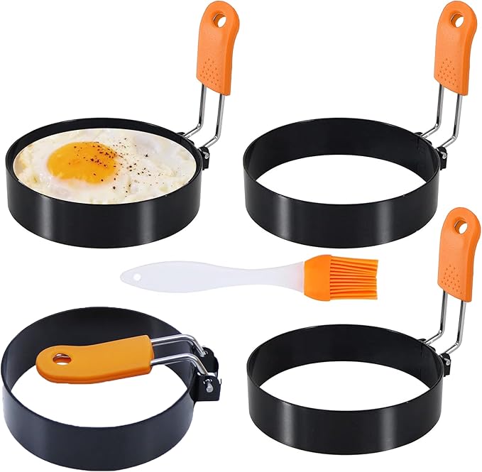3.5" Egg Rings Set of 4 with Silicone Handle, Large Ring for Frying Eggs, Round Mold for English Muffins - Griddle Cooking Shaper for Indoor Camping Breakfast Sandwiches w/Silicone Oil Brush