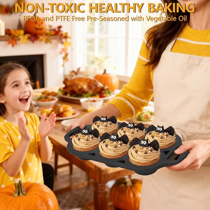 Pre-Seasoned Cast Iron Muffin Pan - 6-Cup Nonstick Cupcake Pan, 2 Piece Set