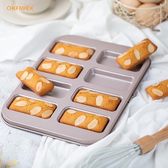 CHEFMADE Financier Cake Pan, 8-Cavity Non-Stick Muffin Pan Biscuits Cookies Bakeware for Oven Baking (Champagne Gold)