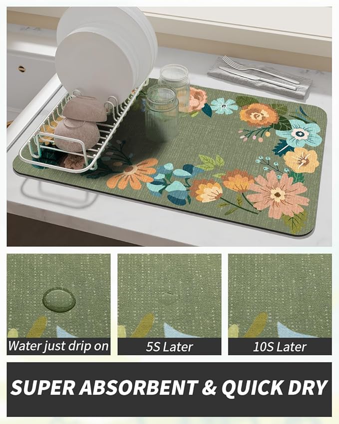 AMOAMI Coffee Mat Hide Stain Rubber Backed Absorbent Dish Drying Mat for Kitchen Counter - Fits Under Coffee Maker or Machine - Floral GREEN 17x31.5