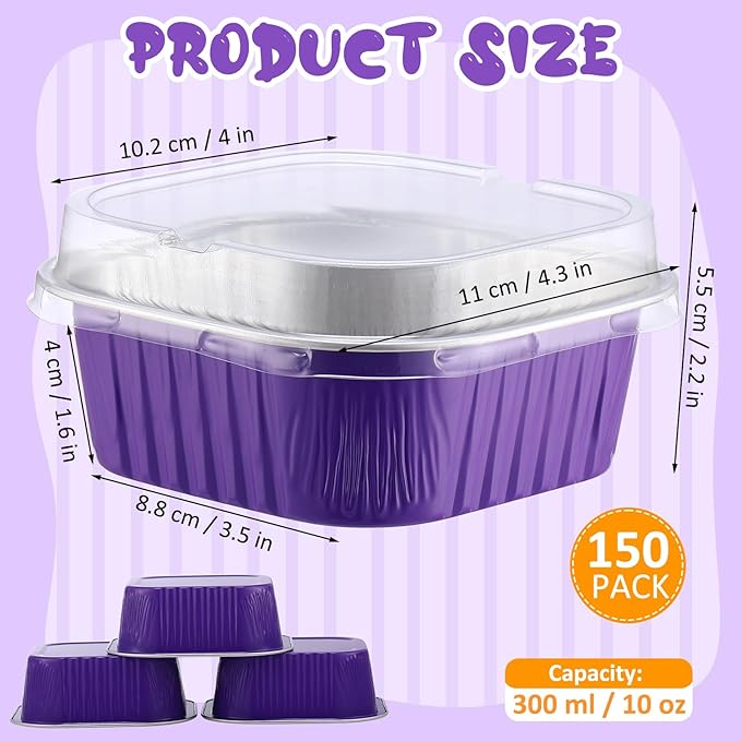 Aoriher 150 Pieces 10 oz Mini Cake Pans with Lids Aluminum Foil Baking Cups Square Disposable 4" x 4" Large Cupcake Cups Baking Tins for Kitchen Brownie Pudding Desserts Holders(Purple)