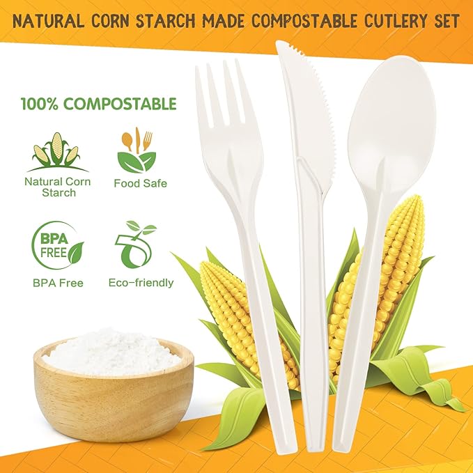 Gezond 100% Compostable Cutlery Set 300 Pack Extra Long Disposable Cutlery with 150 Forks 100 Spoons 50 Knives 7 Inch No Plastic Biodegradable Utensils for Party Wedding Camping Office Picnic