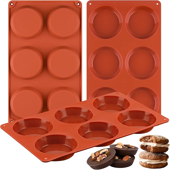Sakolla 3 Pack Muffin Top Pans, 6 Cavities Silicone Egg Molds for Breakfast Sandwiches, Whoopie Pies, Hamburger Bun, English Muffins, Tarts, Corn Bread (Brick Red) ﻿ ﻿
