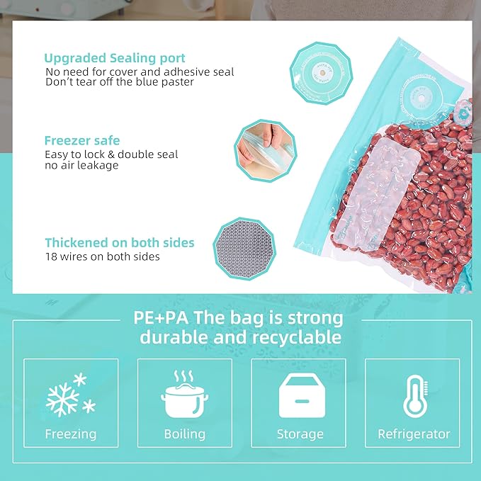 31 PCS Electric Vacuum Sealer, Sous Vide Bags, Portable Mini Vacuum Sealer with 20Pcs Reusable Food Saver Sealer Bags, 4 Sealing Clip, 2 Clips for Sous Vide Cooking, 2 vacuum wine stoppers