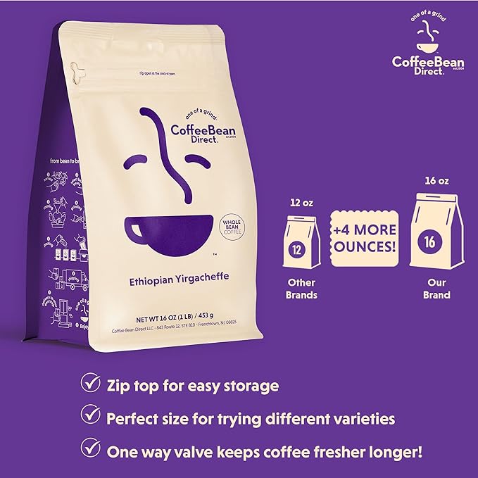 Coffee Bean Direct Ethiopian Yirgacheffe, Whole Bean Coffee, Light Roast, 1 Pound Bag (Pack of 1)