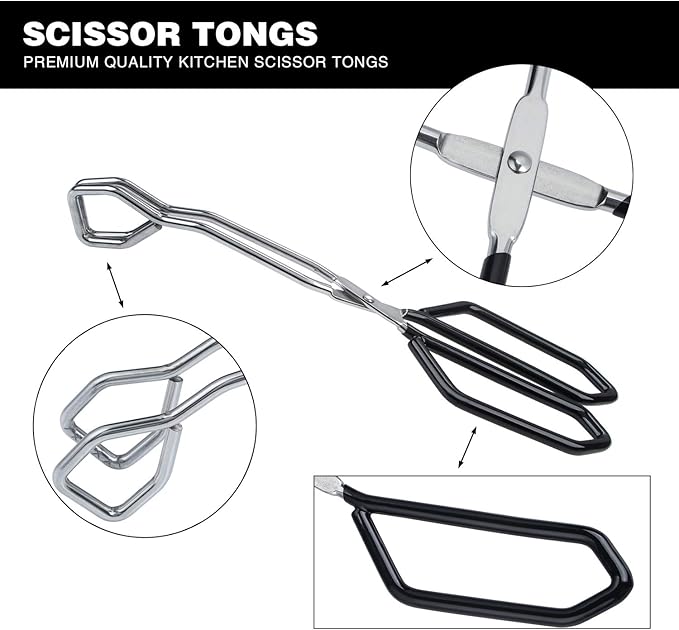 MSY BIGSUNNY Stainless Steel Scissor Tongs Heavy Duty Cooking Tongs with Soft Handles (2, black 11" +11")