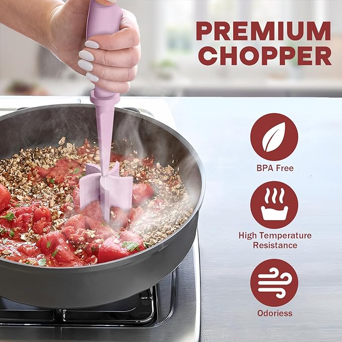 Meat Chopper, Hamburger Grinder, Premium Heat Resistant Smasher for Ground Beef, Burger Grinder Nylon Potato Mix Tool-Pink