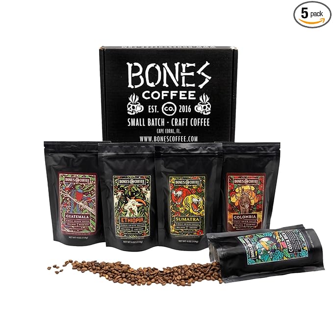 Bones Coffee Company NEW World Tour Sample Pack, Single-Origin Flavored Coffee Low Acid Medium Roast Arabica Beans Specialty Coffee Gifts Compatible Auto Drip and French Press, 4 oz Pack of 5 Ground