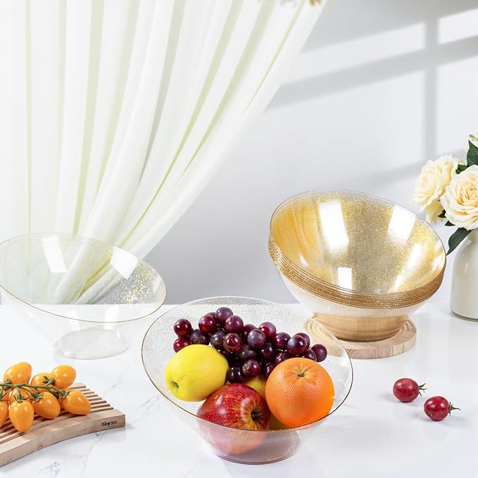 bUCLA 12 Pack Gold Glitter Plastic Serving Bowls - 54 OZ Angled Serving Bowls Disposable for Chip,Candy, Snack,Salad & Fruit - Ideal for Party, Wedding & Thanksgiving