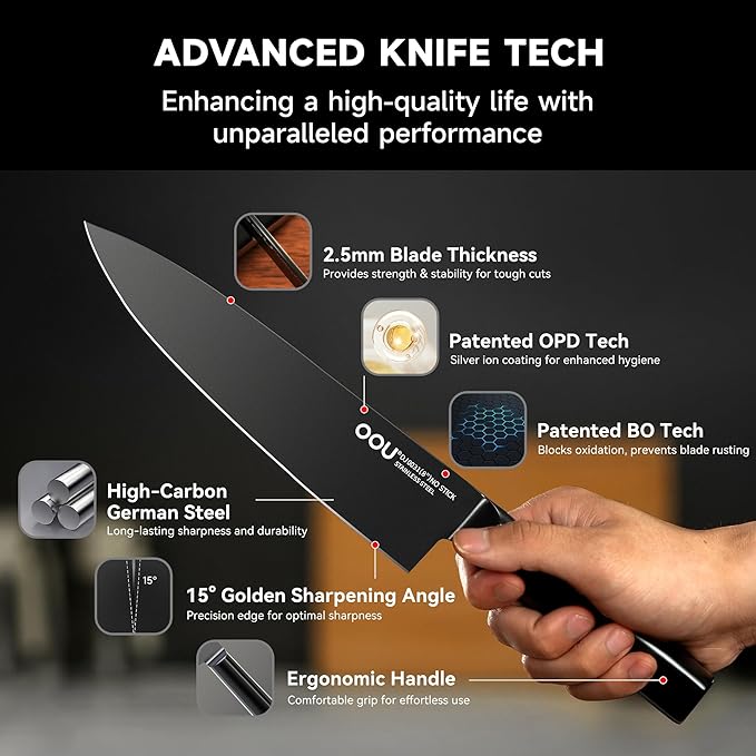 OOU Knife Set with Block and Sharpener,9 Pcs High Carbon German Steel Knife Block Set, Dishwasher Safe Knife Set with Upgrade Ventilated Block & Built-in Cutting Board Organizer, Anti-Rust
