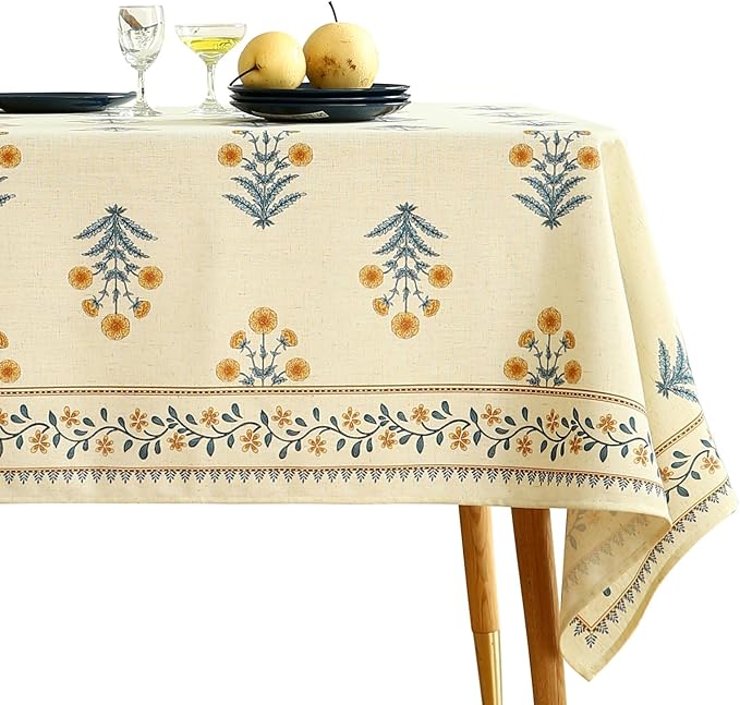ISAENNE Designer French Pale Yellow Extra Long Rectangle Table Cloth,Linen Floral Tablecloth,Wrinkle Resistant Decor Tablecloths for Dining Thanksgiving Banquet Kitchen Party,63"*110"-Estevan A