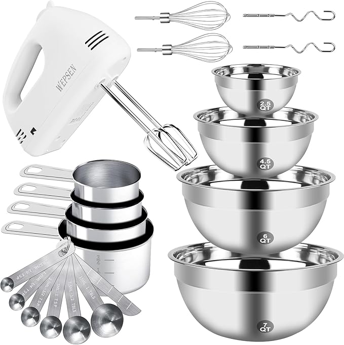 Hand Mixer Electric Mixing Bowls Set, 5 Speeds Handheld Mixer with 4 Nesting Stainless Steel Mixing Bowl, Measuring Cups Spoons 200W Kitchen Blender Whisk Beater Baking Supplies For Beginner