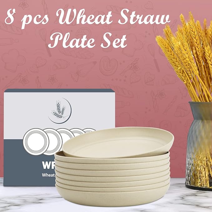 Wrova Wheat Straw Plates - 9 Inch Unbreakable Dinner Plates Set of 8 - Dishwasher & Microwave Safe Plastic Plates Reusable - Lightweight Plates for kitchen,R.V. (Beige)