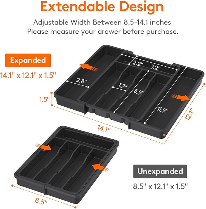 Lifewit Silverware Drawer Organizer, Expandable Utensil Tray for Kitchen, BPA Free Flatware and Cutlery Holder, Adjustable Plastic Storage for Spoons Forks Knives, 8.5"-14.1" x 12.1", Black