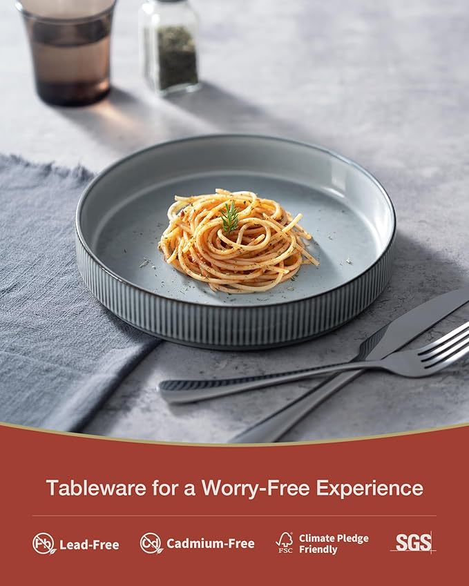 famiware Star 8.25" Pasta Bowls, Large Dinner Bowls Set of 6, Salad Bowl Plates, Shallow Bowls for Eating, Smoky Blue
