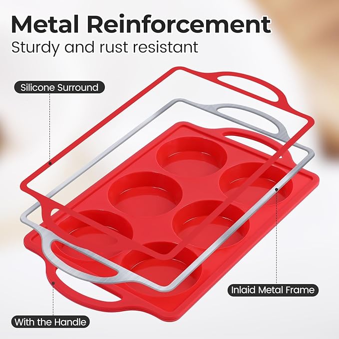 Silicone Egg Molds, 3 Inch Muffin Top Pans Non Stick with Metal Framed, Baking Pan for Breakfast Sandwiches, English Muffins, Whoopie Pies, Corn Bread, Egg Bites, Hamburger Bun, Tarts 2 Pack Red