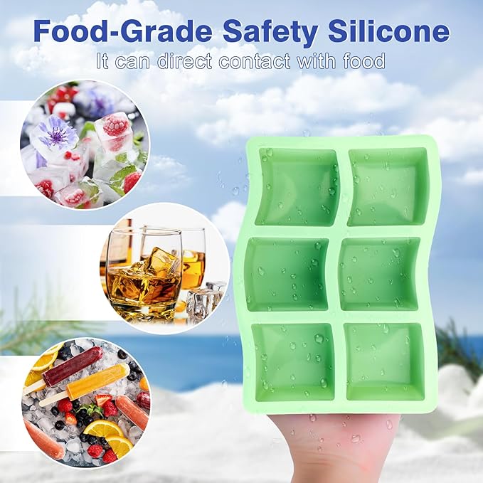 Large Ice Cube Tray for Freezer with Lid, 2Pack Silicone Ice Cube Trays, Big Square Ice Cube Maker for Cocktails, Coffee, Bartender Accessories BPA-Free & Dishwasher (Green)
