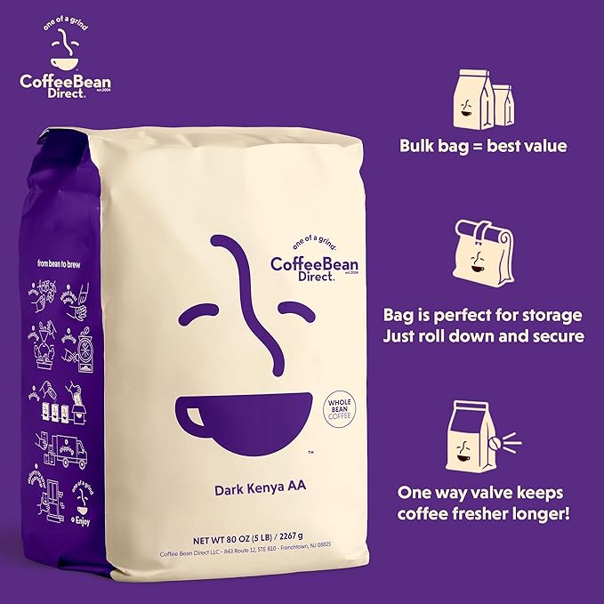 Coffee Bean Direct Dark Kenya AA, Whole Bean Coffee, Dark Roast, 5 Pound Bag (Pack of 1)