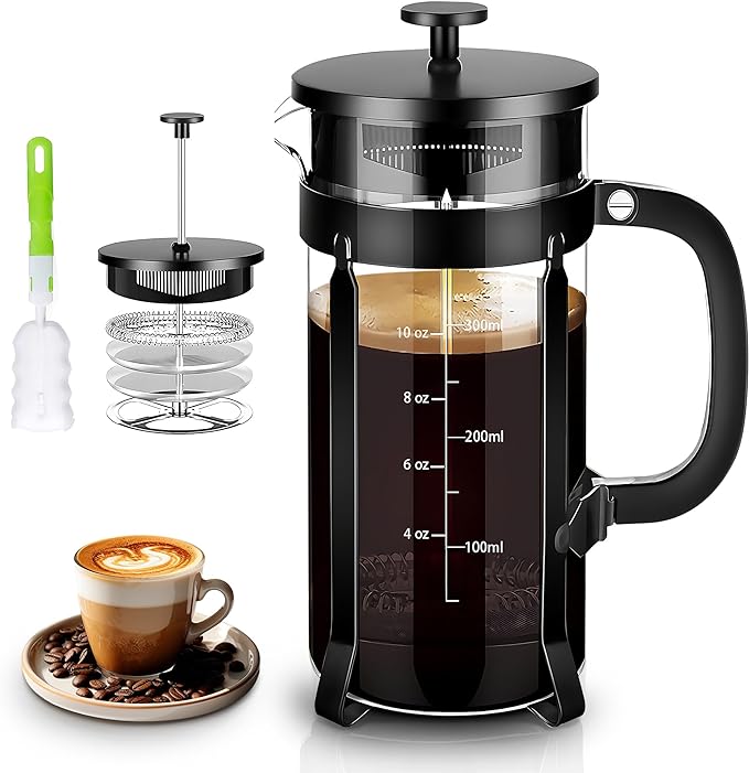 French Press Coffee Maker 304 Stainless Steel Coffee Press,with 4 Filters System, Heat Resistant Thickness Borosilicate French Press Glass, BPA-Free Brewed Tea Pot Coffee Plunger(Copper 12oz)