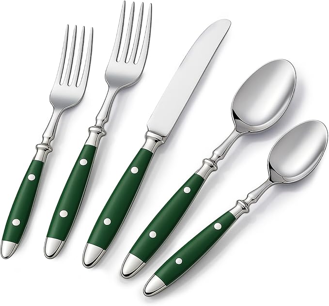 20-Piece Silverware Set, Stainless Steel Flatware Set, Service for 4, Vintage Cutlery Set with Green Bakelite Handle, Mirror Polished | Rustic | Dishwasher Safe