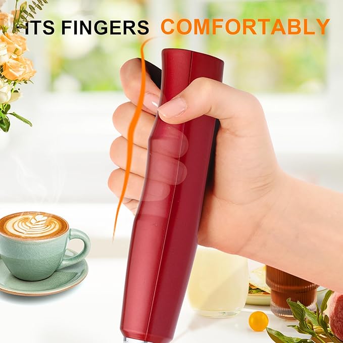 YUSWKO Red Rechargeable Milk Frother for Coffee with Stand, Handheld Drink Mixer with 3 Heads 3 Speeds Electric Stirrers for Latte, Cappuccino, Hot Chocolate, Egg