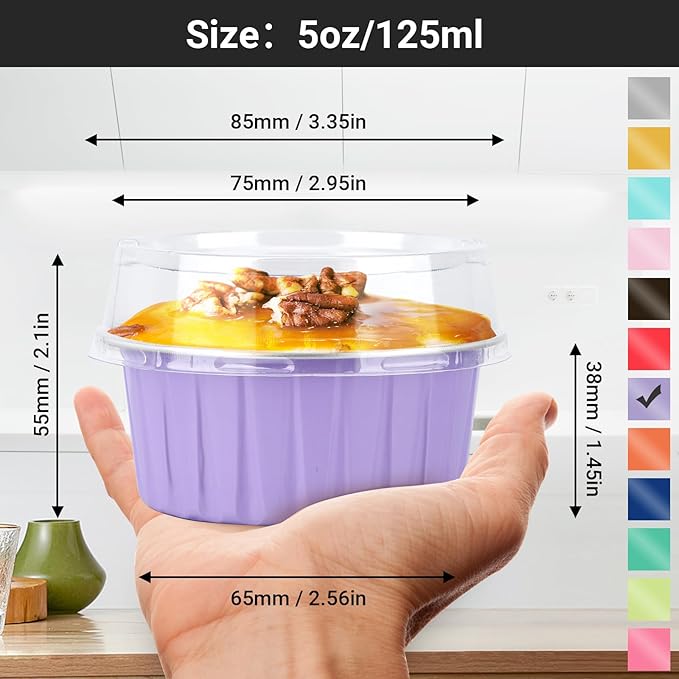 EUSOAR Disposable Ramekins with Lids, 5oz 100pcs Muffin Liners Cups with Lids, Creme Brulee Foil Ramekins, Aluminum Foil Cupcake Baking Cups, for Party Favor Birthday -Light Purple