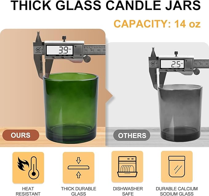 14 OZ Thick Candle Jars for Making Candles 12 Pcs, 3 Wick Empty Jars with Wood Lids for Candle Making, Sample Container,Clear Green