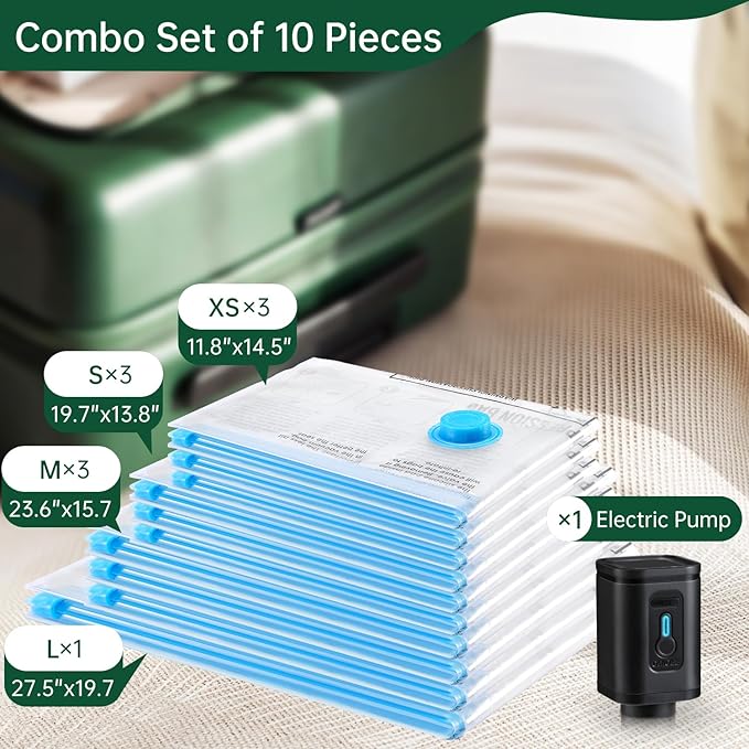 BRODI 10 Combo Pack Travel Vacuum Bags with Pump - Space Saver & Travel Essentials, Clothing & Luggage Vacuum Seal Bags