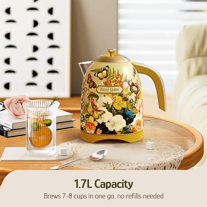 Hazel Quinn X Eduardo Recife Collaboration Electric Kettle - 1.7 Liters (57oz) Stainless Steel Water Kettle, BPA-Free Interior, 1200W Fast Boiling, Cordless, Automatic Shut Off - Floral Printed