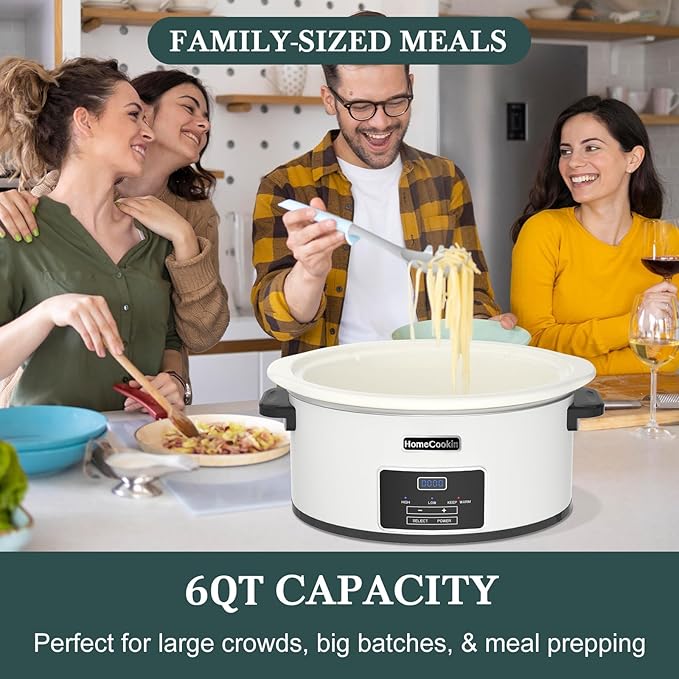 HOMECOOKIN 6-Quart Programmable Slow Cooker with Timer - Small Kitchen Appliance for Family Dinners - Serves 6+ People - Heat Settings: Keep Warm(White)