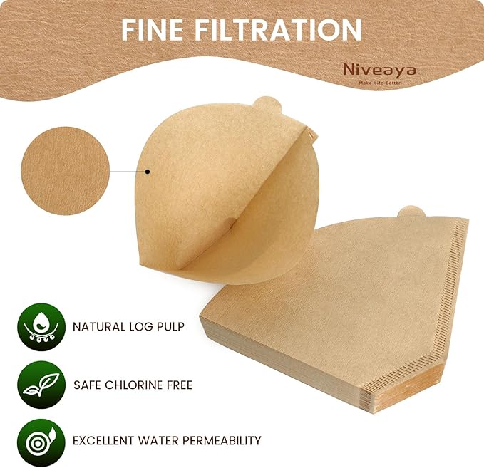 Niveaya 200 Count Coffee Filters #4, Unbleached Natural Brown Coffee Filters 8-12Cup, Disposable Cone Paper Fliters for Pour Over and Drip Coffee Maker