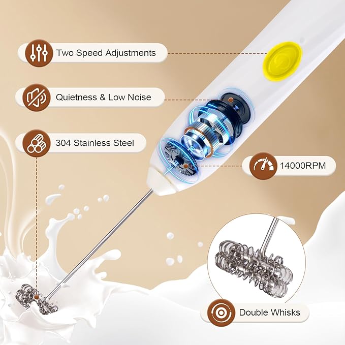 Milk Frother Handheld Rechargeable,Hand Mixer Electric Whisk with 2 Speeds,Drink Mixer Coffee Frother With 2 Stainless Steel Whisks for Coffee, Matcha, Lattes, Cappuccino,Egg,No Stand (Yellow)