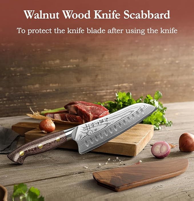 HEZHEN Santoku Knife with Wooden Sheath,7.3 Inches, 67 Layers Damascus Steel Kitchen Knife for Professional Chefs and Family, Micarta Handle,Gift Ready