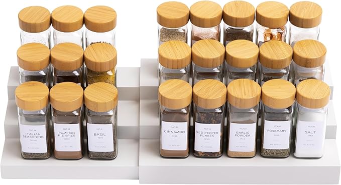 KitchenEdge Expandable Spice Rack Organizer for Cabinet, 3-Tier Shelf for Spice Organization (11” to 22”), Fits 36 Spice Jars, Seasoning and Pantry Storage, Non-Slip Feet, 100% Bamboo, White Finish