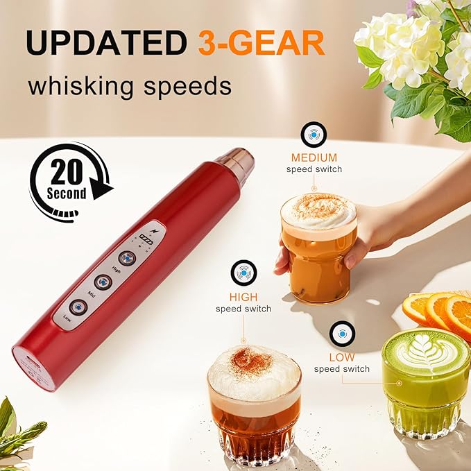YUSWKO Red Milk Frother Handheld with 3 Heads, Coffee Whisk Foam Mixer with USB Rechargeable 3 Speeds, Electric Mini Hand Hand Frother for Latte, Cappuccino, Hot Chocolate, Egg