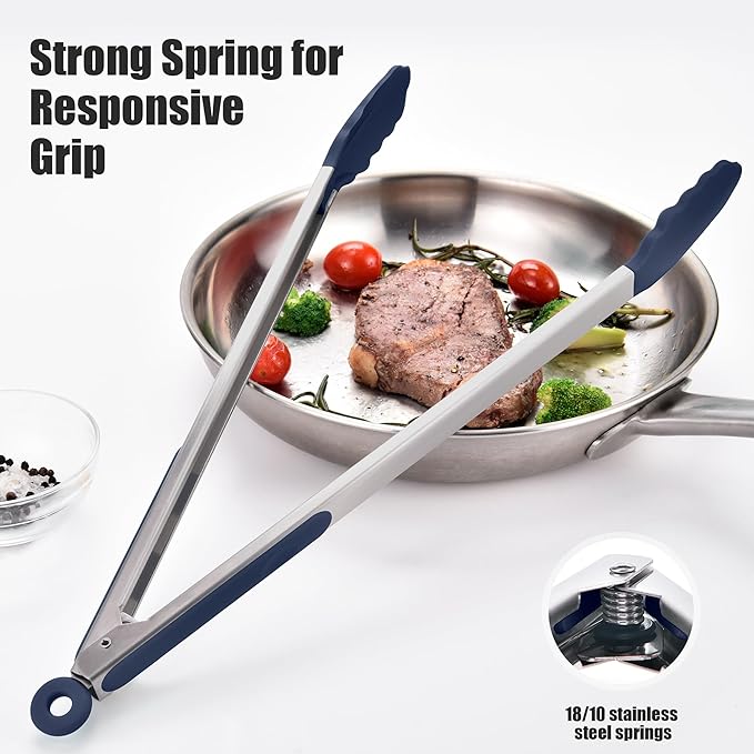 Doosu Kitchen Tongs for Cooking - 600°F Heat Resistant Food Tong with Non-Scratch Silicone Tips, Heavy Duty Stainless Steel Locking Tong for BBQ, Grilling Steak, Serving Salad Pasta (16in, Navy Blue)