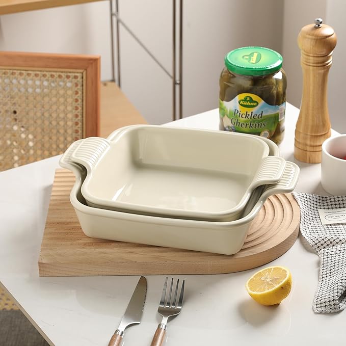 Sweejar Ceramic Baking Dish, 9 x 9 Cake Baking Pan for Brownie, Porcelain Square Bakeware with Double Handle for Casserole, Lasagna, Family Dinner (Beige)