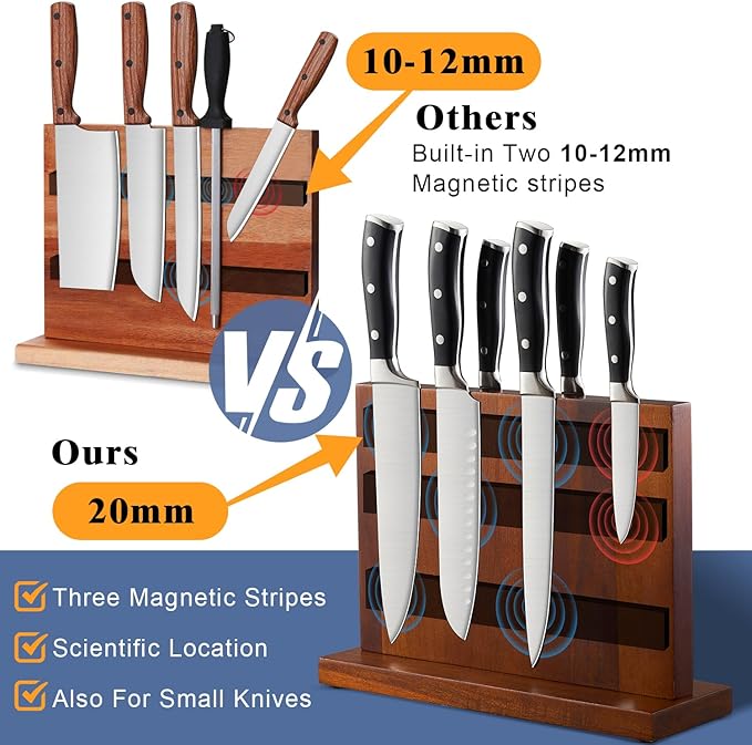 ENOKING Magnetic Knife Block 12.5 x 9 Inches, Double Side Magnetic Knife Holder Built in Three Powerful Magnets Strip, Acacia Wood Universal Knife Storage Organizer for Kitchen Counter