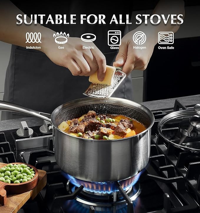 KOCH SYSTEME CS Hybrid Nonstick Stainless Steel Sauce Pan with Steamer Insert, 18/10 Steel 2QT Sauce Pan with Lid, Triple Stainless Steel Pot with Honeycomb Interior, Induction Compatible & Oven Safe