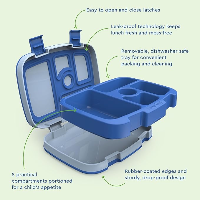 Bentgo Kids Bento-Style 5-Compartment Leak-Proof Lunch Box - Ideal Portion Sizes for Ages 3 to 7 - Durable, Drop-Proof, Dishwasher Safe, PFAS & BPA-Free & Made with Food-Safe Materials (Blue)