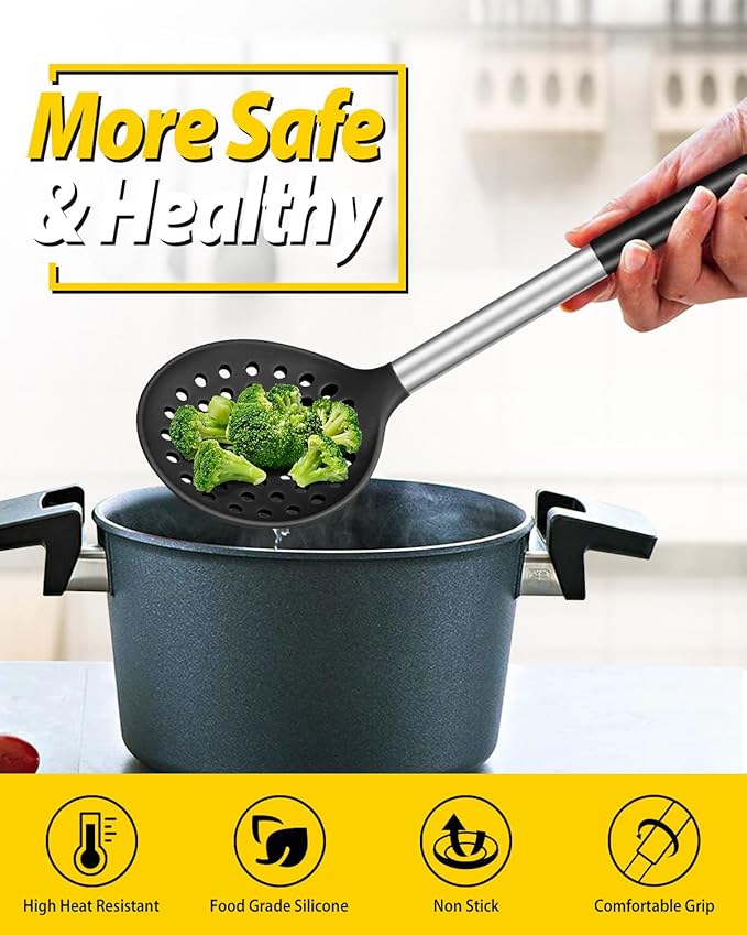 Kitchen Ladle Strainer Set of 2 Large Slotted Spoon with High Heat Resistant BPA Free Non Stick Cooking Skimmers For Draining and Frying (Black-Khaki)
